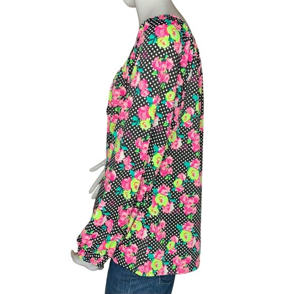 Betsey Johnson Blouse Size M Polka Dot Floral Print Long Sleeve - Picture 4 of 11